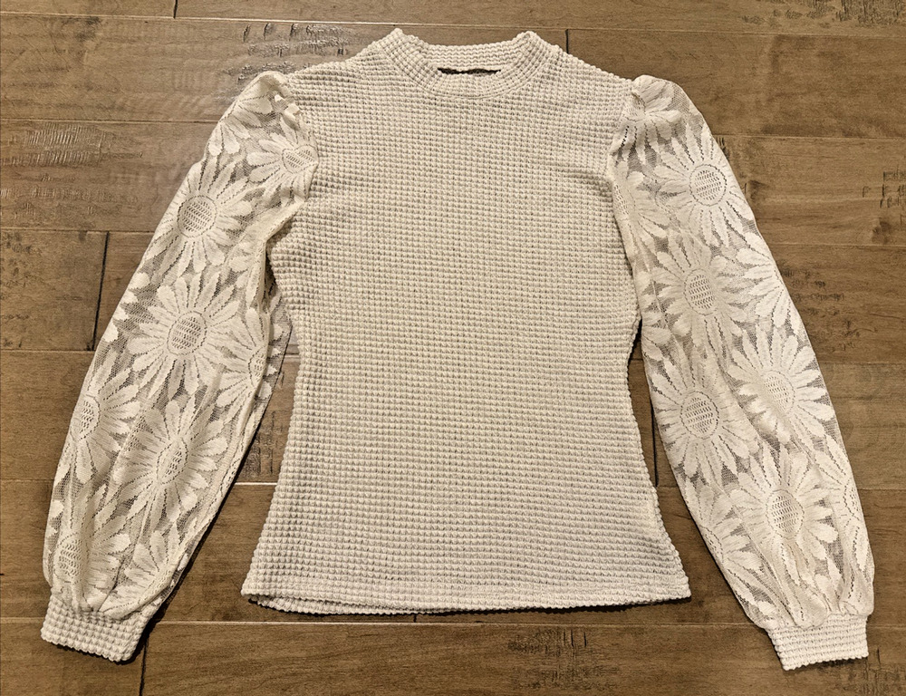 Waffle Knit Top Beige Sunflower Lace Mesh Long Sleeve Crochet Blouse S